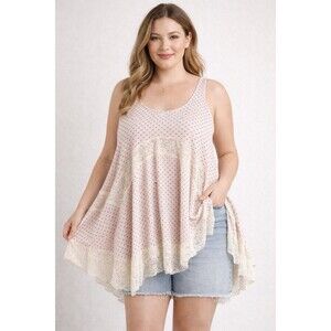 Boho Lace Trim Tank Top Flowy Rayon Palm Print Pink Size L